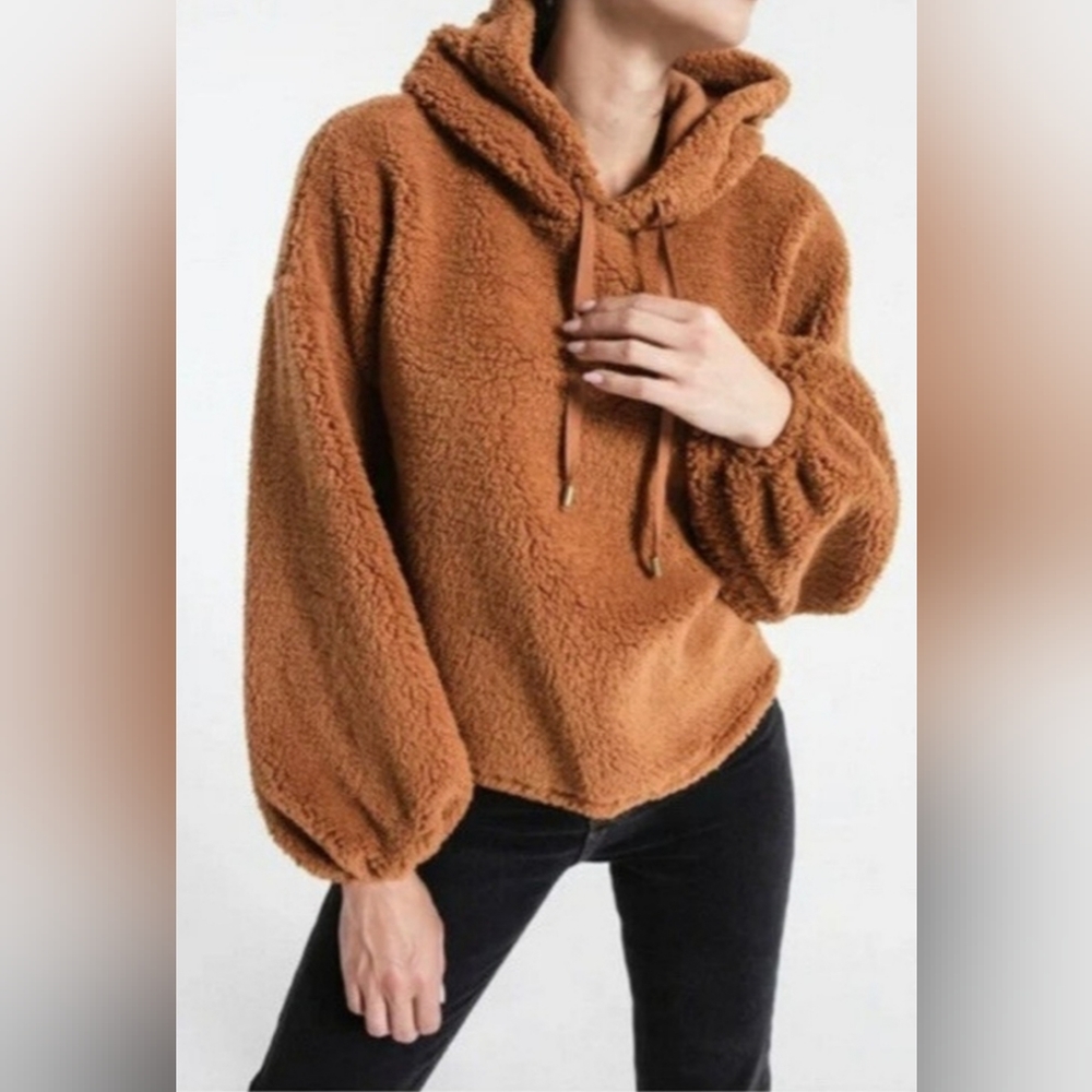 Z Supply Rust Brown Teddy Bear Hoodie Drop Shoulders Lanter Sleeves Size Medium